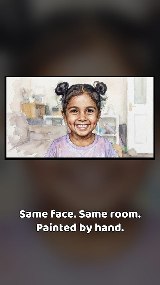 Our reel frame: watercolour painting of a girl with the caption Same face, same room, painted by hand