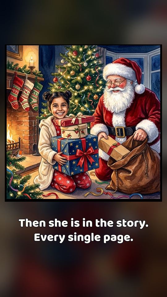 Our reel frame: the girl with Santa and presents, caption Then she is in the story