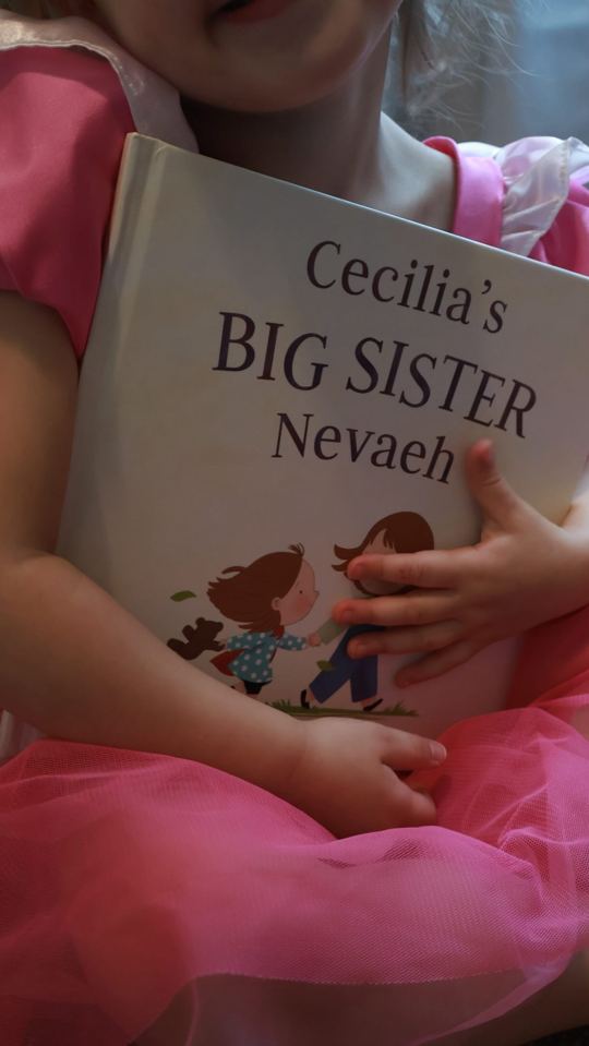 A small girl in pink hugging a Big Sister book